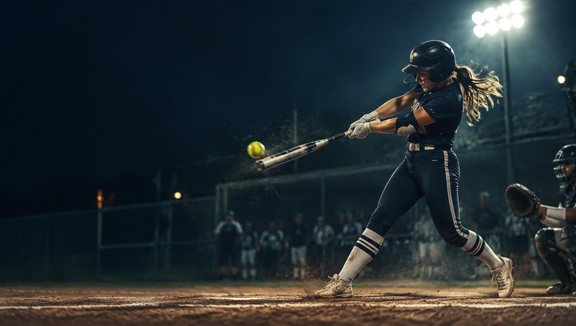 Softball batter making contact under stadium lights